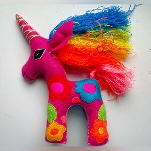 Mexican Folk Art Boho Handmade Floral Embroidered Colorful Plush Unicorn Figure